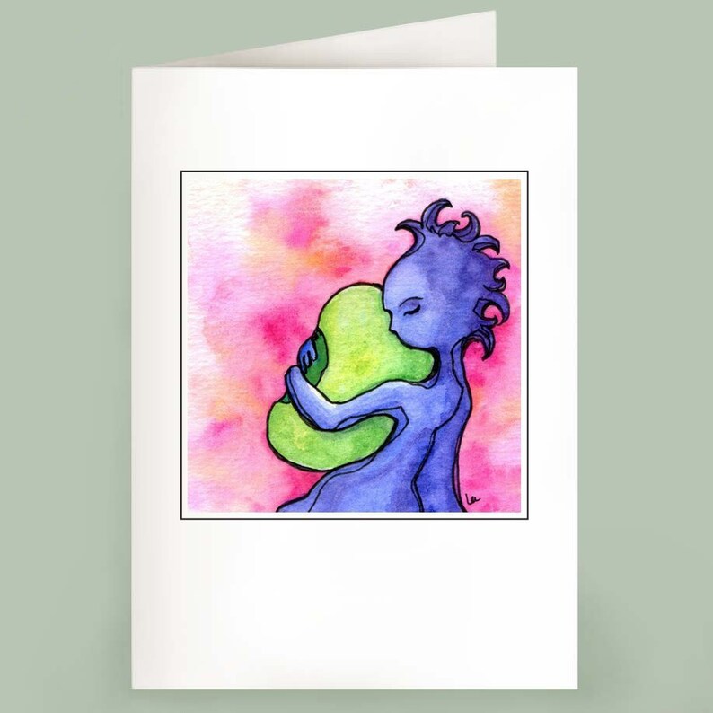 Set of 6 Note Cards  Bean  Blue girl with green bean image 1