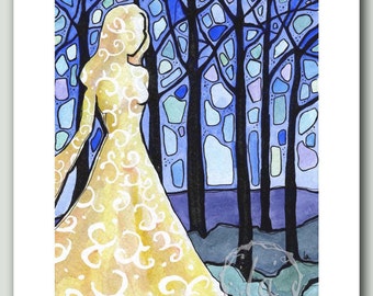 May include: Watercolour painting of a woman in a yellow dress with a white swirl pattern, walking through a forest. The background features tall, black trees and a blue sky with abstract shapes. The artwork is framed in white.