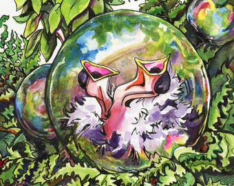 Delicacy - 10x10 - Baby Birds in a Bubble Original Framed Watercolor
