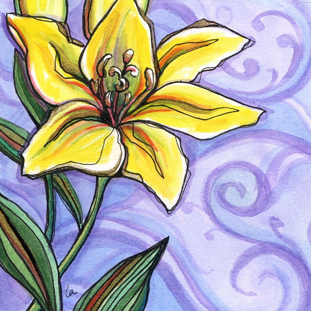 Gilded Lily 8x8 Original Framed Watercolor of a Yellow Lily With Purple