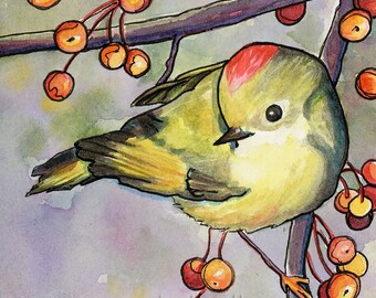 Small Fry - 8x8 Ruby Crowned Kinglet Original Framed Watercolor