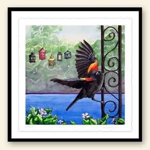 Poised Original Watercolor red winged blackbird image 2