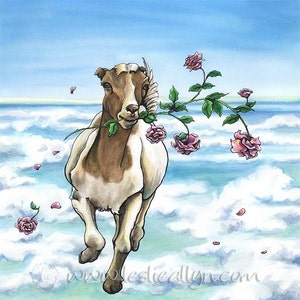 On the Loose - Aquarelle originale - chèvre et roses