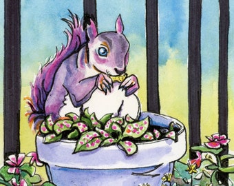 Blossom - 6x6 - Original Watercolor with squirrel and flowers