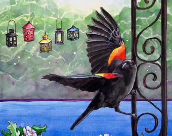 Poised - Original Watercolor -red winged blackbird