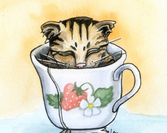 Strawberry Teacup - 6x6 Original Framed Watercolor of kitten in a cup