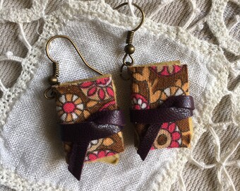 Mini book earrings, fabric and leather