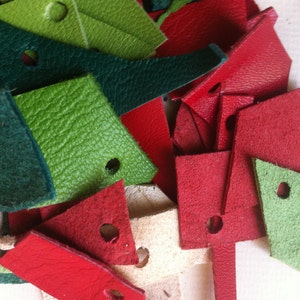 leather scraps, red, white, green