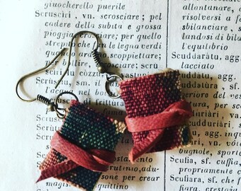 Mini book earrings, leather and fabric