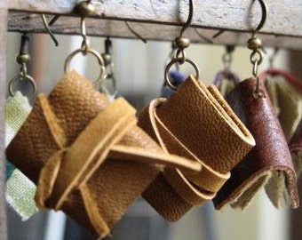 mini book earrings, caramel brown leather