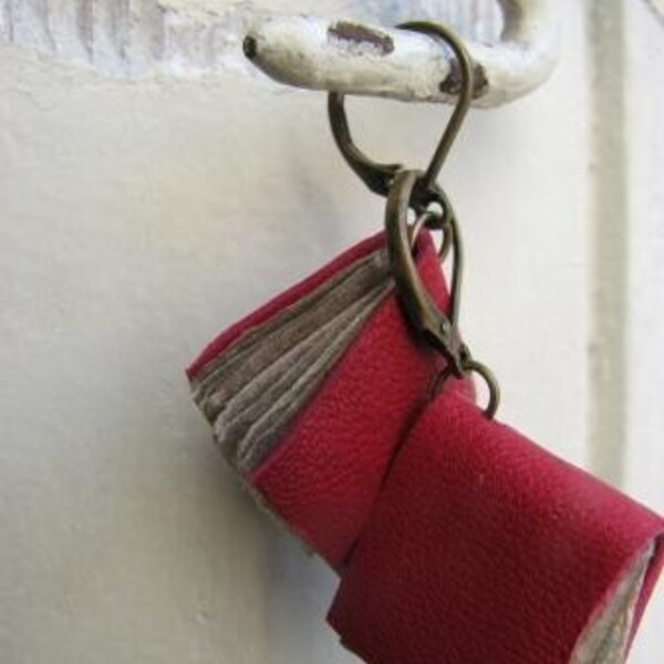 Mini Book Earrings -  red leather