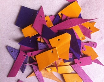 Leather scraps, yellow, pink, violet