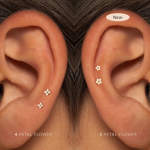 May include: Close-up of two ears, each adorned with small, gold flower-shaped earrings. One ear features two 4-petal flower earrings, while the other showcases two 5-petal flower earrings. The word "New" is above the 5-petal earrings.