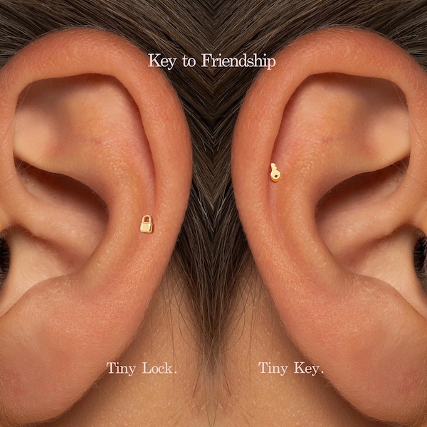 20G/18G/16G Liten nyckel och lås-trycknål Labret • Trådlöst örhänge med platt baksida • Tragusörhänge • Platt baksida • Helixörhänge • Broskörhänge