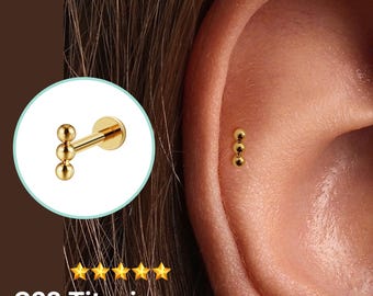 Labret com pino de pressão e três bolas 20G/18G/16G • Brinco com base plana sem rosca • Piercing para tragus • Piercing com base plana • Piercing para hélix • Piercing para cartilagem
