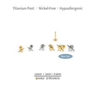 May include: A collection of star-shaped stud earrings with titanium posts, available in gold and silver tones. The text reads Titanium Post, Nickel-Free, Hypoallergenic, New Size, and lists sizes 3.5mm, 5mm, and 6.5mm.