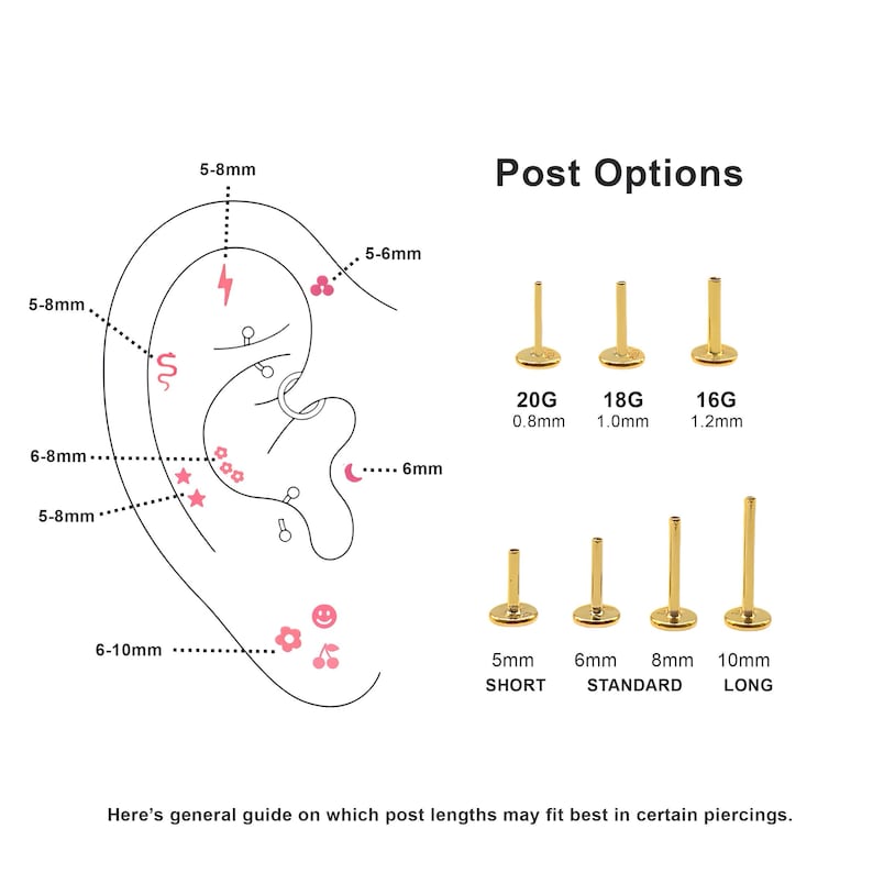 May include: Diagram of an ear with various piercing locations marked with pink dots and symbols.  The diagram shows different post lengths for ear piercings in millimetres.  Post Options: 20G 0.8mm, 18G 1.0mm, 16G 1.2mm.  Short: 5mm, Standard: 6mm, Long: 8mm, 10mm.
