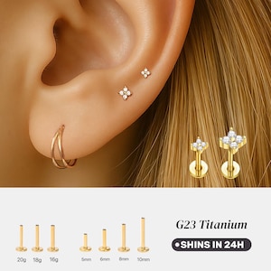 Flat Back Threadless Flower Stud • G23 Titanium Cartilage Earring • 20G 18G 16G • Tragus Helix Labret Piercing Jewelry for Women