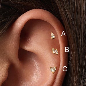 Flat Back Cubic Stud Earrings • 3 Sparkly CZ Designs • Threadless Titanium Piercing Jewelry • Gold Silver Tragus Helix Cartilage