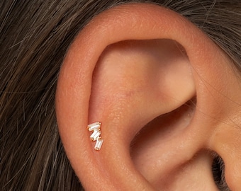 A+Grade •Titanium • Cz Baguette Push Pin Labret •  Threadless Flat Back Earring • Tragus Stud • Flat Back Stud • Helix Stud • Cartilage Stud