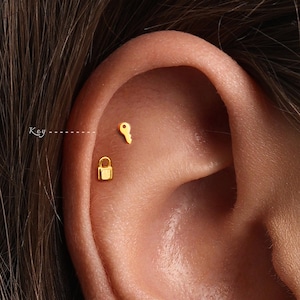 20G/18G/16G Tiny Key Push Pin Labret •  Threadless Flat Back Earring • Tragus Stud • Flat Back Stud • Helix Stud • Cartilage Stud
