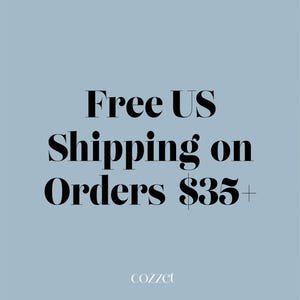 May include: Light blue background with the text "Free US Shipping on Orders $35+" in a bold, black serif font. The brand name "cozzet" is in a smaller, white font at the bottom.