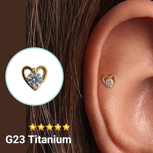 20G/18G/16G Cz Heart Push Pin Labret •  Threadless Flat Back Earring • Tragus Stud • Flat Back Stud • Helix Stud • Cartilage Stud