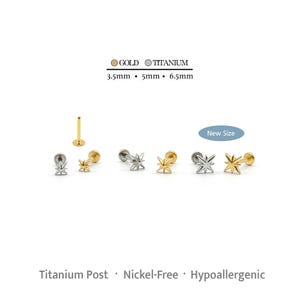 May include: A collection of gold and titanium earrings with a starburst design. The earrings are available in various sizes, including 3.5mm, 5mm, and 6.5mm. The image also highlights the earrings' titanium posts and hypoallergenic properties.
