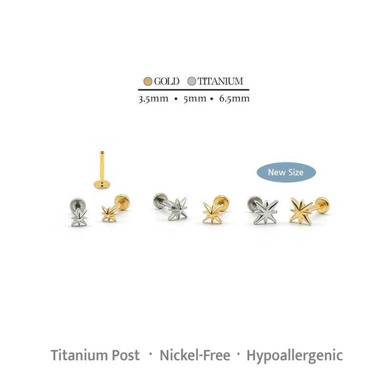 May include: A collection of gold and titanium earrings with a starburst design. The earrings are available in various sizes, including 3.5mm, 5mm, and 6.5mm. The image also highlights the earrings' titanium posts and hypoallergenic properties.