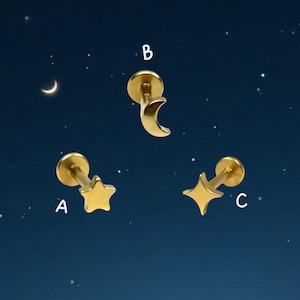 Celestial Piercing – Spring Event  Moon & Star Flat Back Studs • Titanium Threadless Earrings • 3pc Hypoallergenic Set