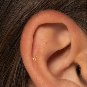 May include: A small, gold-colored dragonfly earring is shown on an ear. The earring is a delicate piece of jewelry, with intricate details. The earring is a stud style, and is set against the skin.