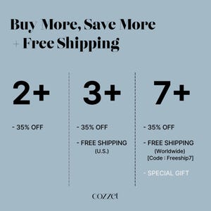 May include: Image with text that reads "Buy More, Save More + Free Shipping." It shows discount offers: 2+ items for 35% off, 3+ items for 35% off and free shipping in the U.S., and 7+ items for 35% off, free worldwide shipping, and a special gift.