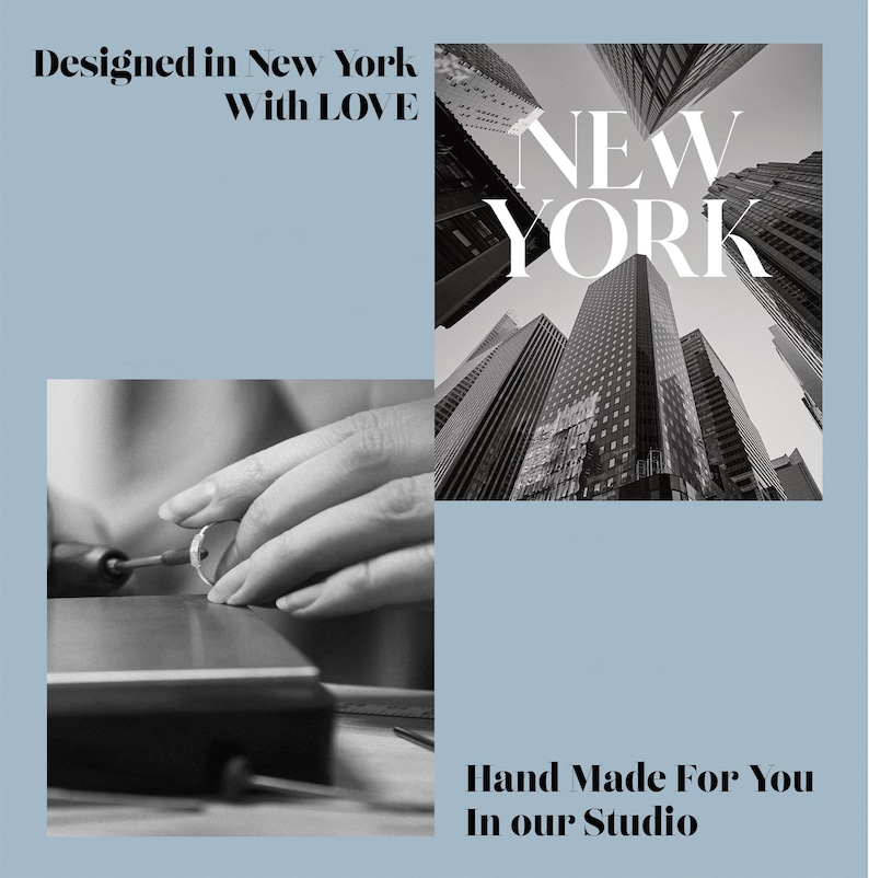 May include: Image features a black and white photo of New York City skyscrapers and a close-up of a hand working on jewelry. Text reads "Designed in New York With LOVE" and "Hand Made For You In our Studio."