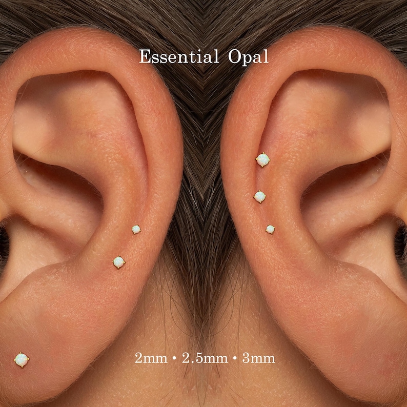 フラットバック スレッドレス オパールスタッドピアス • G23 チタン製プッシュピンピアス • 20G 18G 16G • 軟骨トラガスヘリックススタッドピアス • 低アレルギー性ジュエリー 画像 1