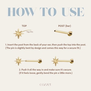 May include: Diagram showing how to use a gold-colored starburst earring. The text reads "HOW TO USE" and includes instructions for inserting the post and securing the top. The brand name "cozzet" is at the bottom.