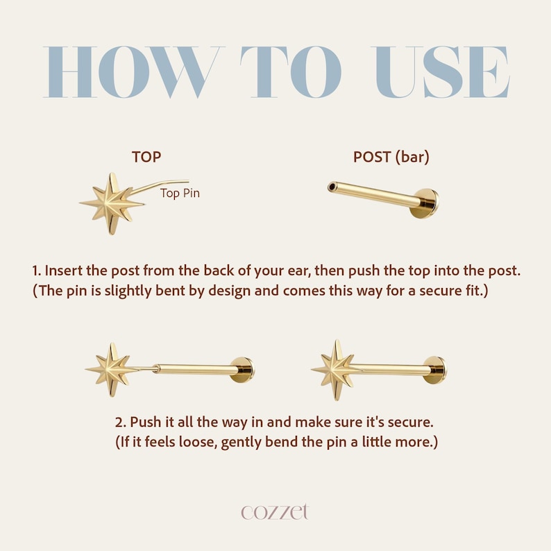 May include: Diagram showing how to use a gold-colored starburst earring. The text reads "HOW TO USE" and includes instructions for inserting the post and securing the top. The brand name "cozzet" is at the bottom.