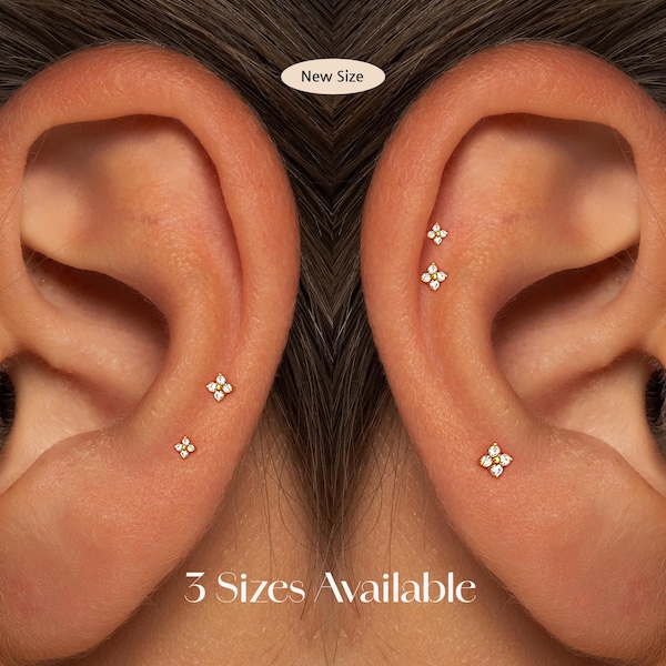 Labret de flor con circonita cúbica de 20G/18G/16G con pasador • Pendiente plano sin rosca • Pendiente para tragus • Pendiente plano • Pendiente para hélix • Pendiente para cartílago