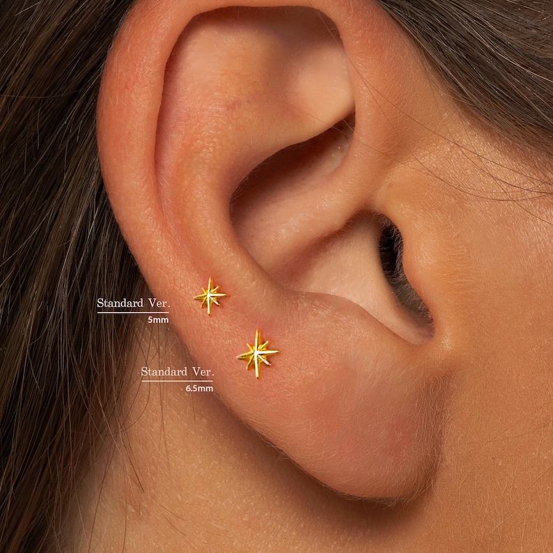 May include: Close-up of an ear with two small, gold star-shaped stud earrings. The top earring is 5mm, and the bottom earring is 6.5mm. The text "Standard Ver." is printed next to each earring. The earrings are a simple, elegant design.