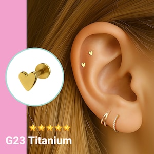 A+Grade •Titanium • Heart Push Pin Labret •  Threadless Flat Back Earring • Tragus Stud • Flat Back Stud • Helix Stud • Cartilage Stud
