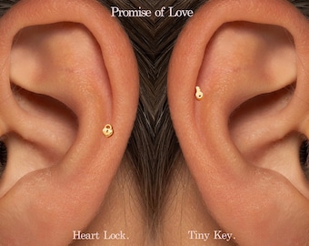 20G/18G/16G Heart Lock & Key Push Pin Labret •  Threadless Flat Back Earring • Tragus Stud • Flat Back Stud • Helix Stud • Cartilage Stud