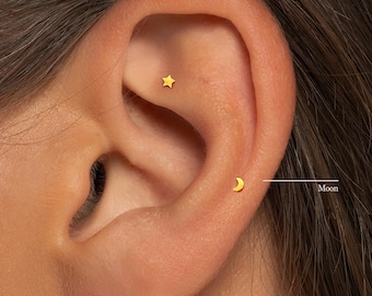 Moon Threadless Push Pin Earring • Titanium Flat Back Stud • 20G 18G 16G Cartilage Tragus Helix Piercing • Dainty Celestial Jewelry