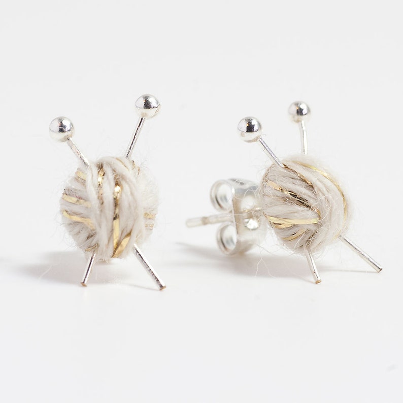 Knitting Needles & Ball of Wool Earrings White and Gold Yarn Etsy