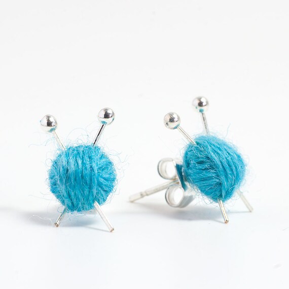 Knitting Needles Ball Of Wool Earrings Blue Yarn Studs Knitting Needles Ball Of Wool Earrings Blue Yarn Studs