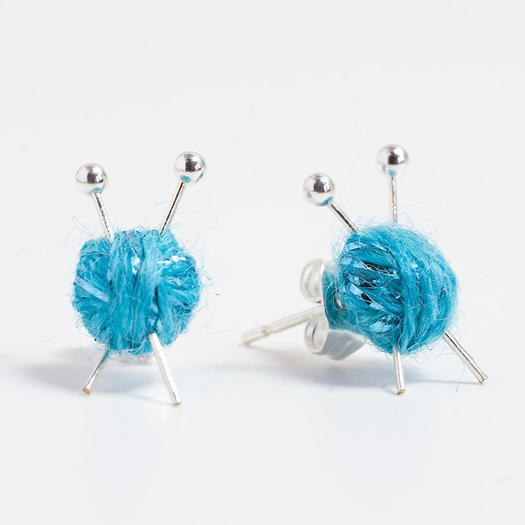 Sparkly Blue Wool Knitting Earrings Yarn Ball and Needles Etsy