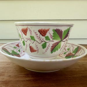 Antique English 19th Century Pink Lustreware Handleless Cup & Saucer Floral