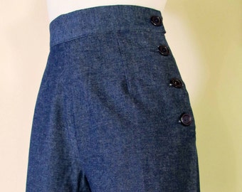 Custom made 1950s style women denim high waisted shorts or pedal pushers with side buttons