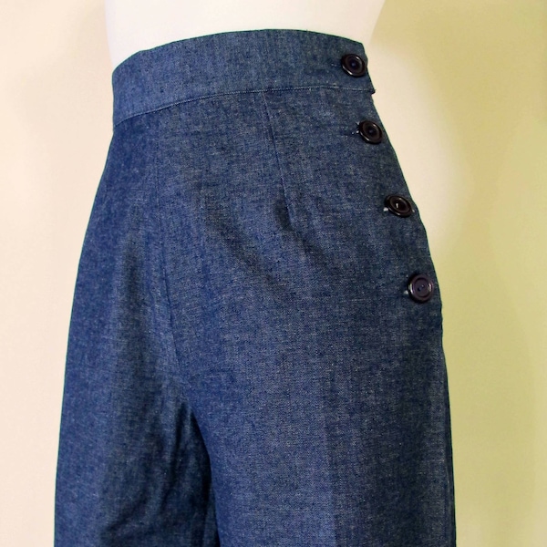 Custom made 1950s style women denim high waisted shorts or pedal pushers with side buttons