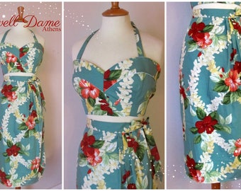 Swell Dame 1940s sarong skirt and sun top with Hawaiian tropical print fabric MANY FABRIC choices!!!