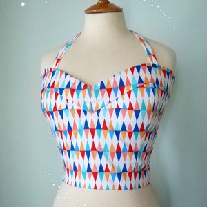 Swell Dame 1950s style harlequin diamond print bustier sun top with adjustable straps Made To Order in your measurements