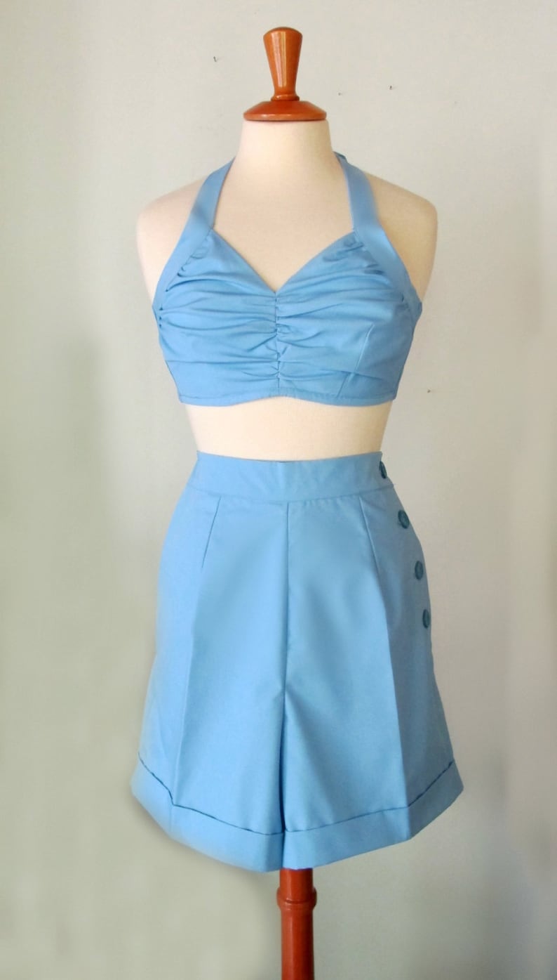 40s-50s Vintage Playsuits, Jumpsuits, Rompers History Swell Dame 1950s reproduction playsuit beach set big variety of plain colors/fabrics $116.00 AT vintagedancer.com